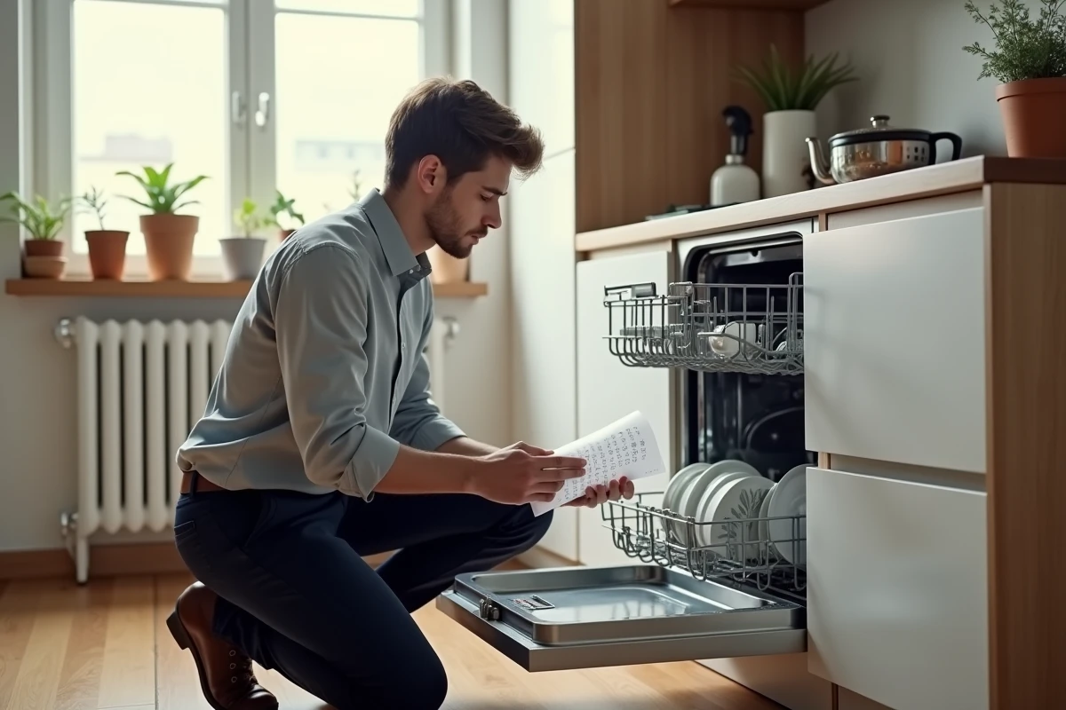 Jeune homme consulte un symbole de lave-vaisselle dans la cuisine