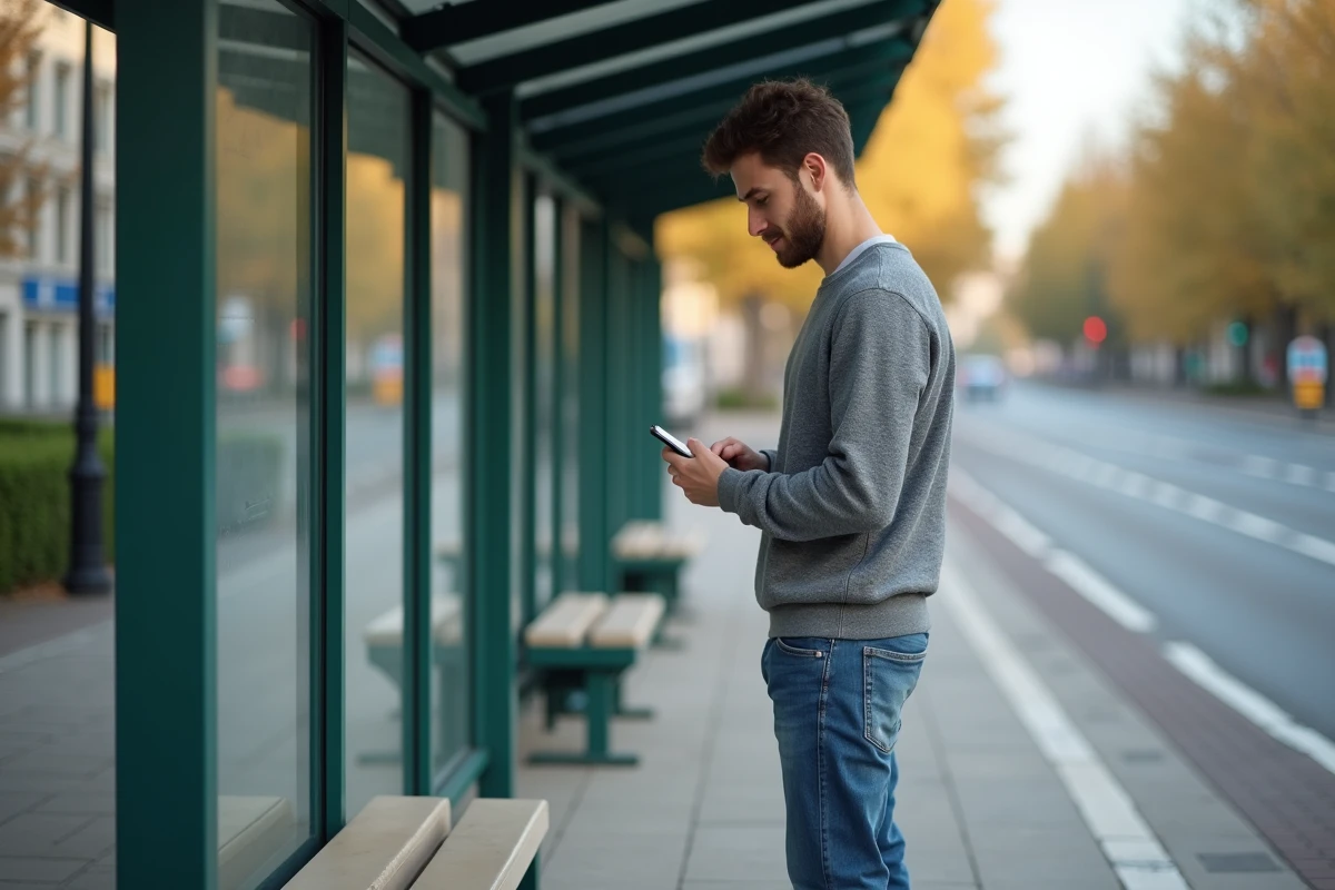 Jeune homme regardant son smartphone dans un arrêt de tram urbain