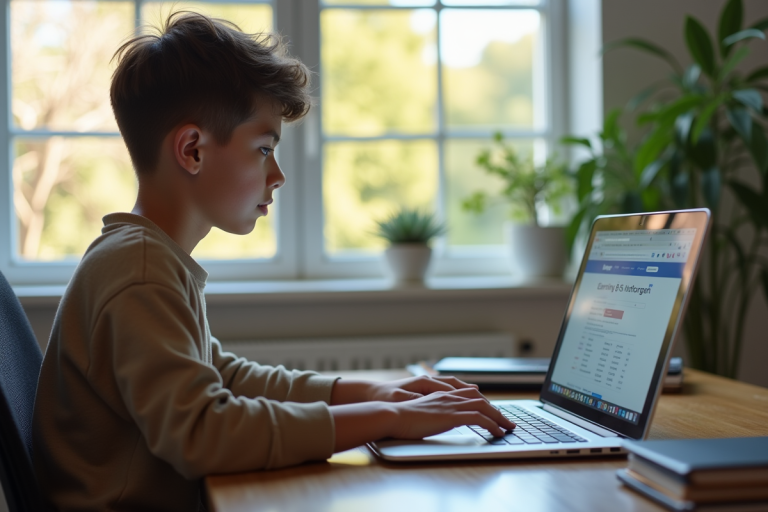 Jeune adulte travaillant sur un ordinateur portable à un bureau lumineux