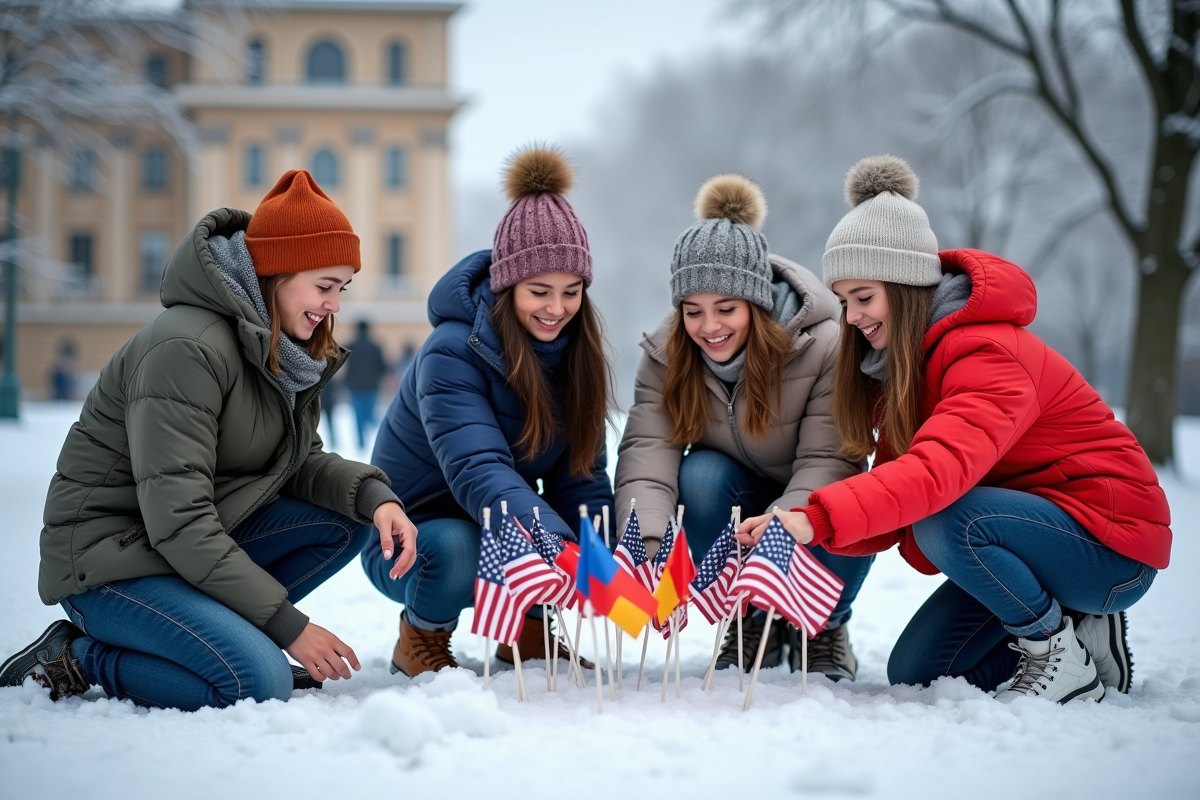 Jeunes disposant des drapeaux dans un parc enneige