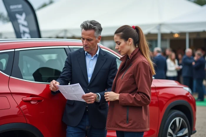 Deux journalistes automobiles examinant un document de presse devant un SUV rouge lors d'un salon automobile en extérieur