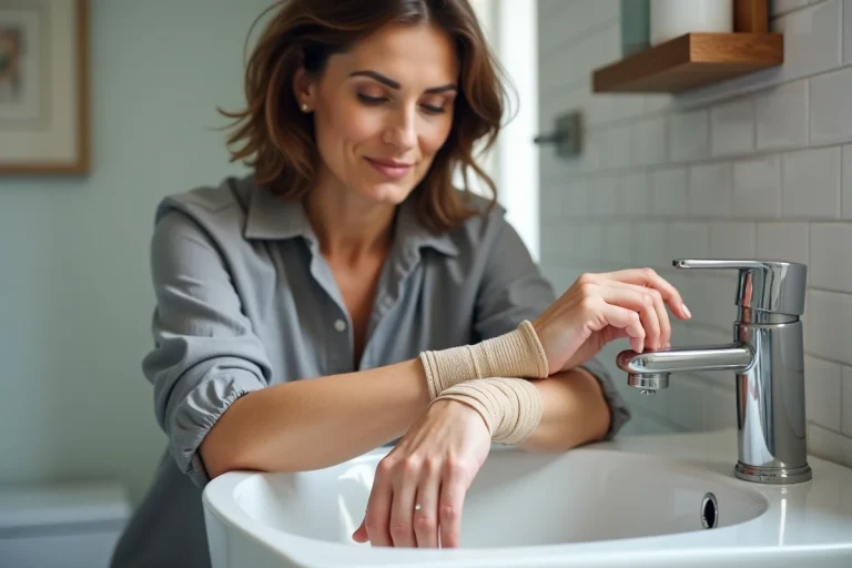 Femme lavant délicatement sa bande velpeau à la main dans un lavabo blanc pour prolonger sa durée de vie