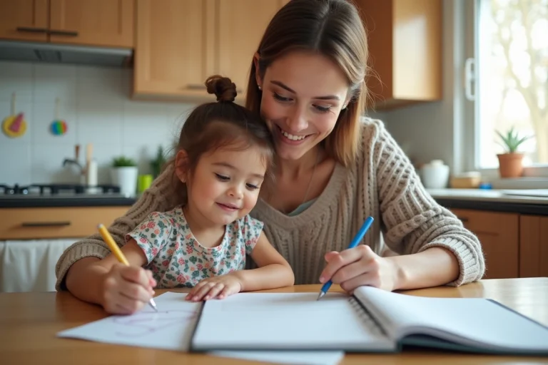 Maman et enfant dans la cuisine organisée et lumineuse
