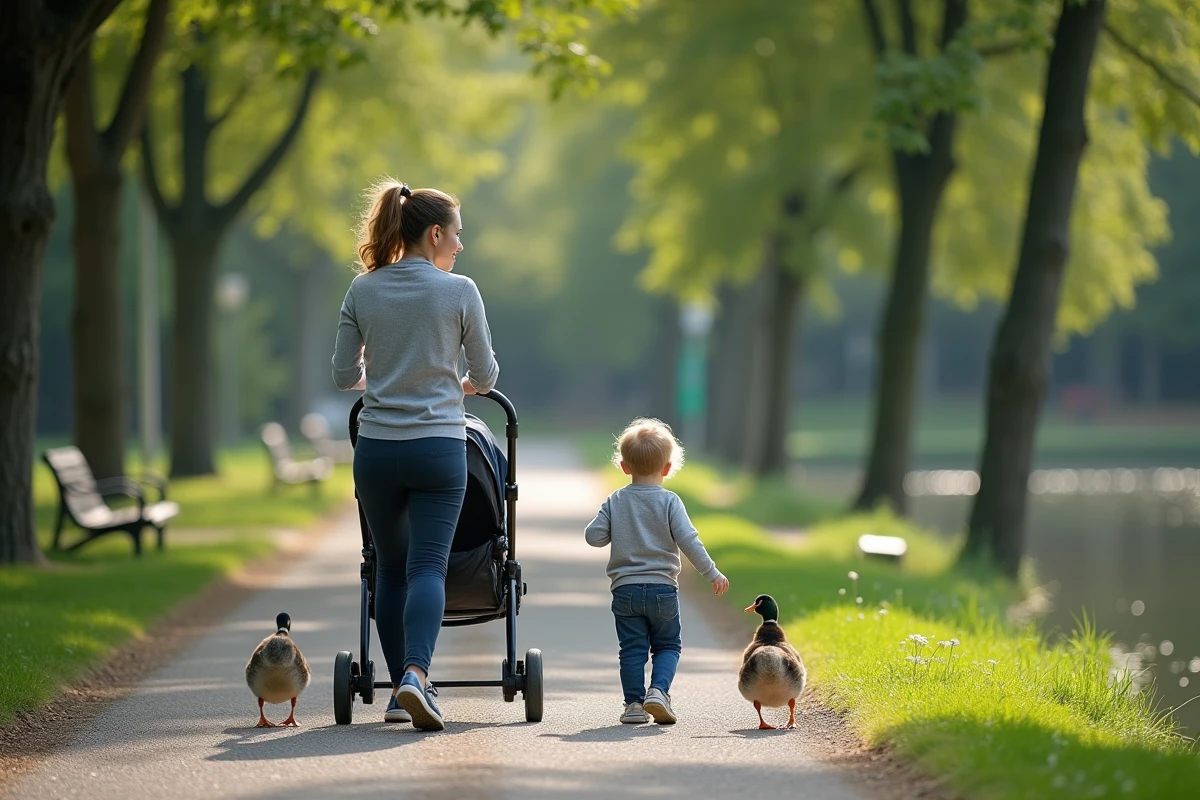 Maman active poussant la poussette dans un parc verdoyant