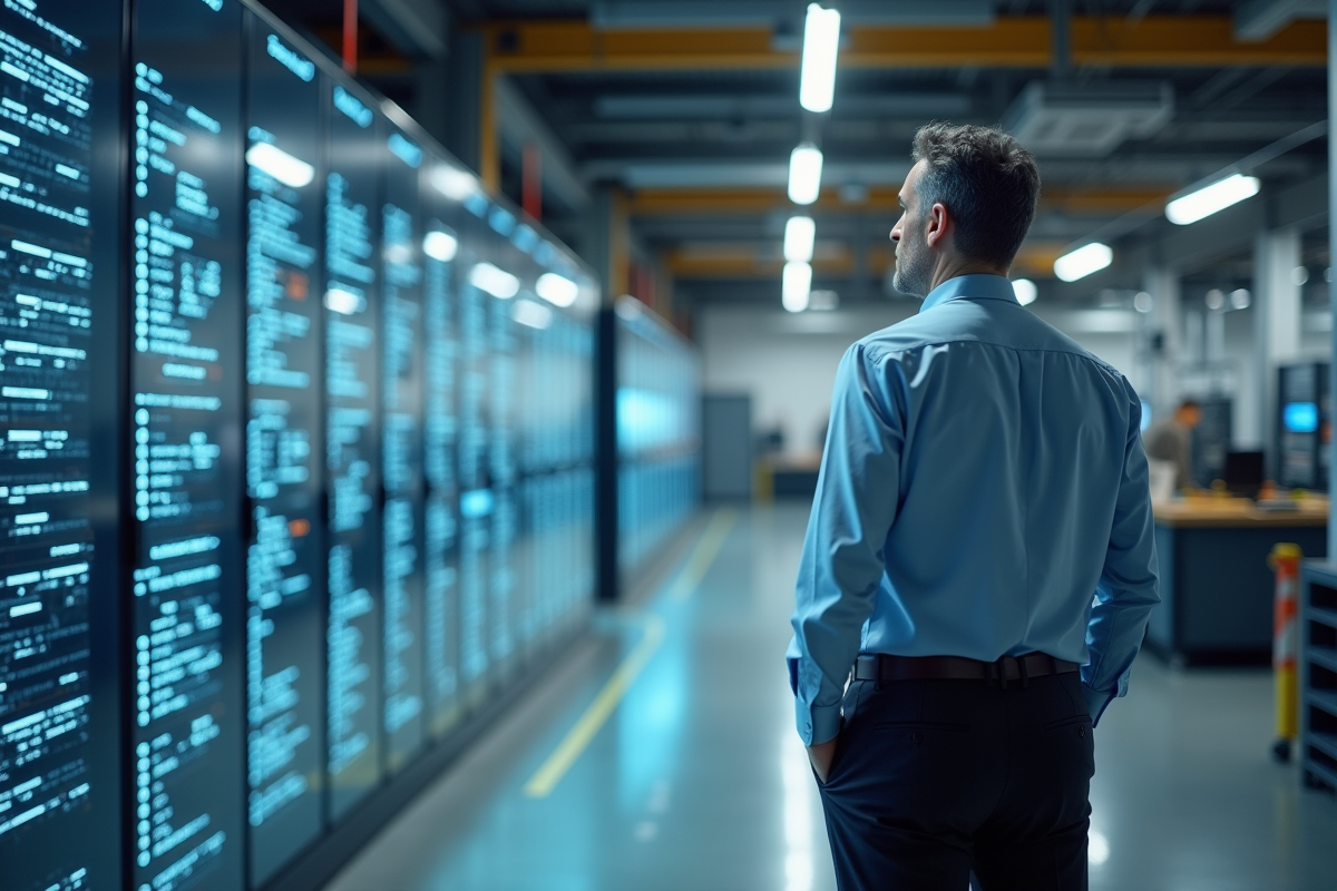 Manager IT observant un flux industriel numérique