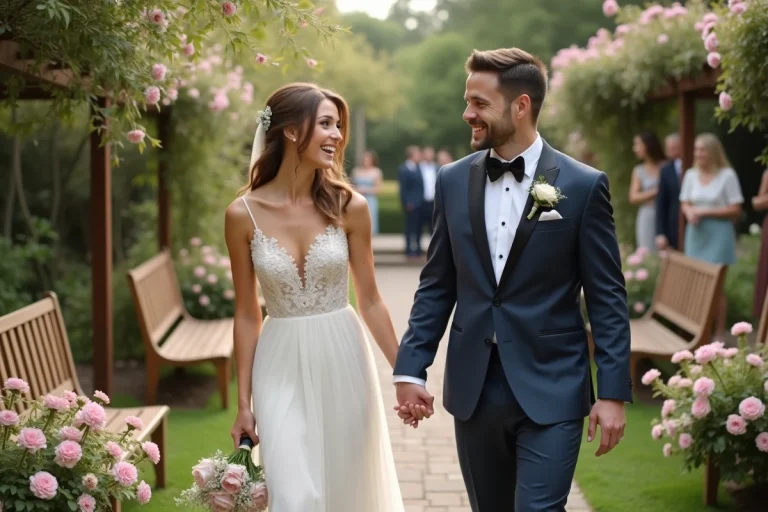 Jeune couple marié dans un jardin fleuri lors d'un mariage