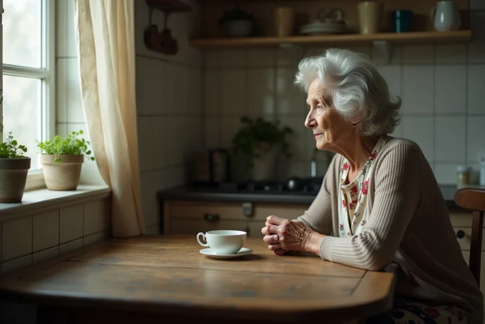 Mère âgée seule à la table de cuisine regardant par la fenêtre avec une expression mélancolique