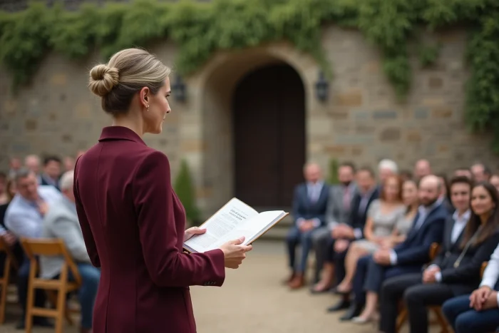 Officiant de cérémonie laïque lisant le livret personnalisé devant les invités lors d'un mariage humaniste en France