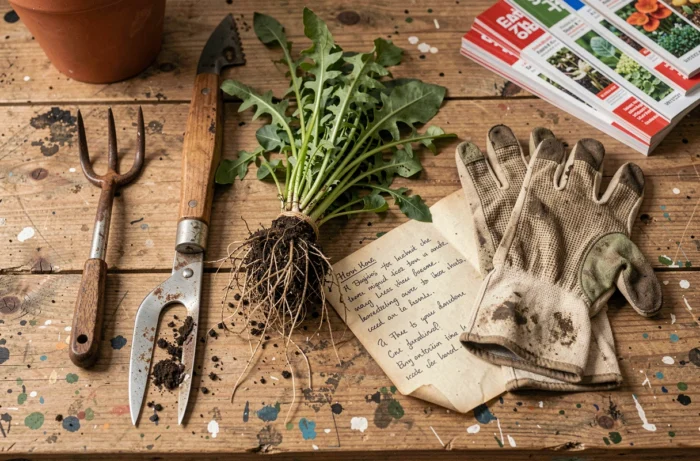 Vue de dessus des outils de désherbage manuel et de mauvaises herbes arrachées posés sur un établi de jardinage en bois
