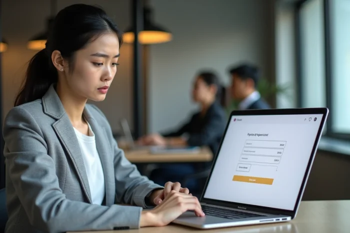 Femme d'affaires inquiète examinant un formulaire de paiement en ligne sans authentification 3D Secure sur son ordinateur portable au bureau
