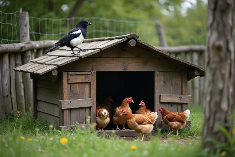 Une pie perchée sur le toit d'un poulailler rustique observant les poules à l'intérieur dans un jardin de campagne