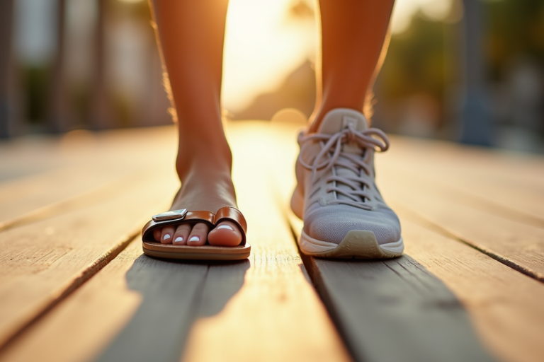 Pieds avec sandale et sneakers sur terrasse ensoleillee