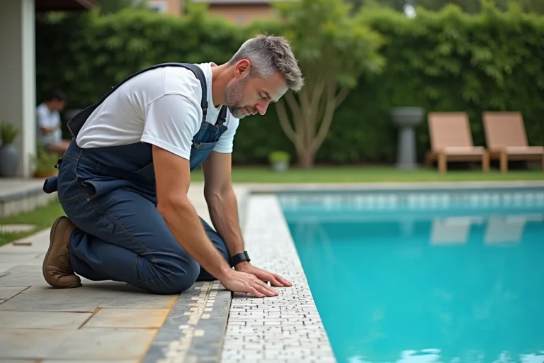 Ouvrier posant des carreaux de mosaïque au bord de la piscine