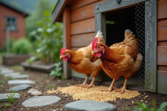 Deux poules tachetées à l'entrée d'un poulailler protégé par un grillage anti-prédateurs dans un jardin urbain