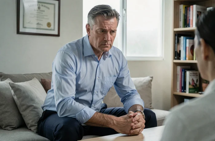 Praticien en sophrologie lors d'une séance de consultation, ambiance sérieuse évoquant les questions éthiques et les risques liés à la sophrologie