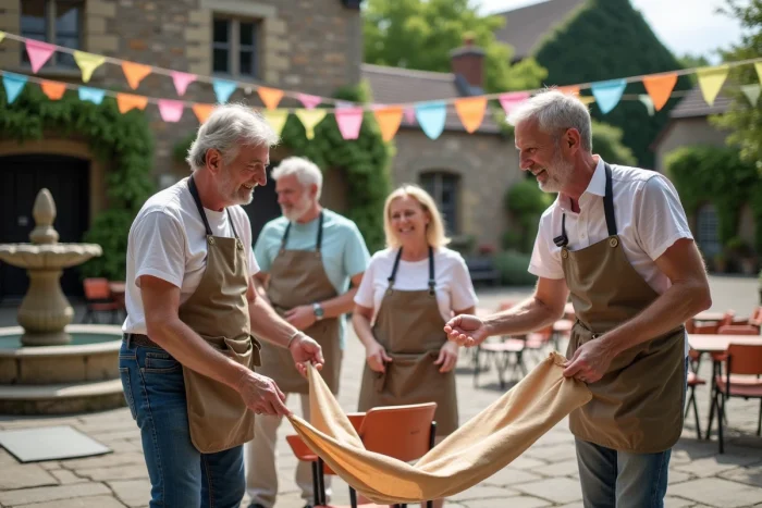 Bénévoles d'un comité des fêtes installant des décorations et du mobilier dans une place de village pour un événement festif