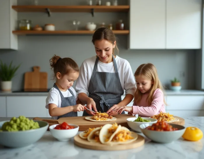 Mère et enfants préparant des tacos maison ensemble dans une cuisine moderne