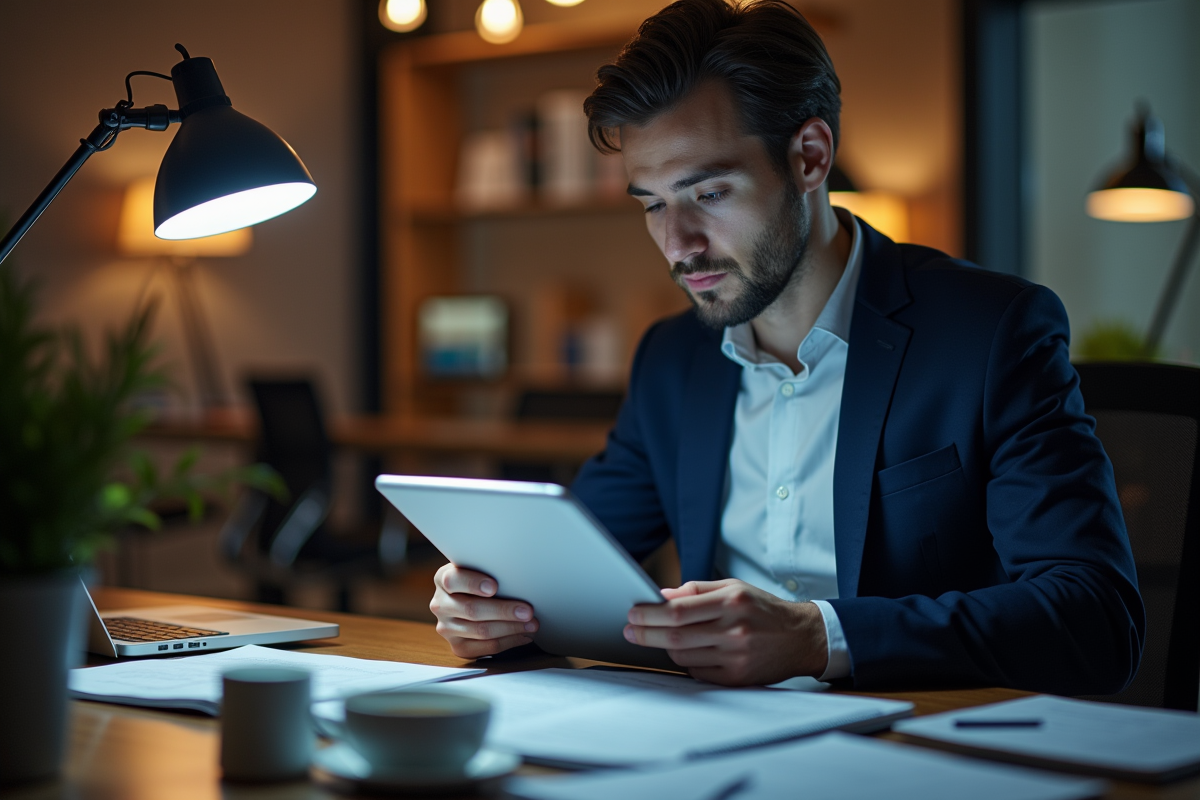 Professionnel lisant un article tech sur une tablette dans un bureau
