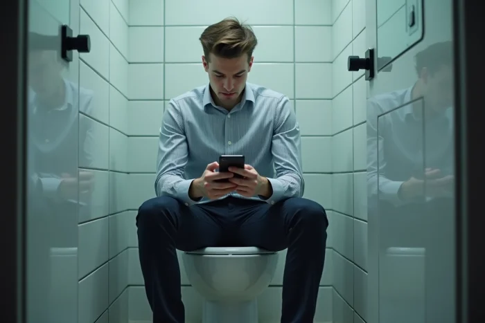 Personne utilisant son téléphone dans les toilettes du bureau pour publier anonymement sur Instagram