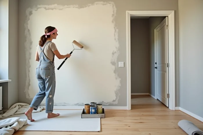 Femme peignant un mur intérieur en blanc dans un salon en cours de rénovation avec des bâches de protection au sol