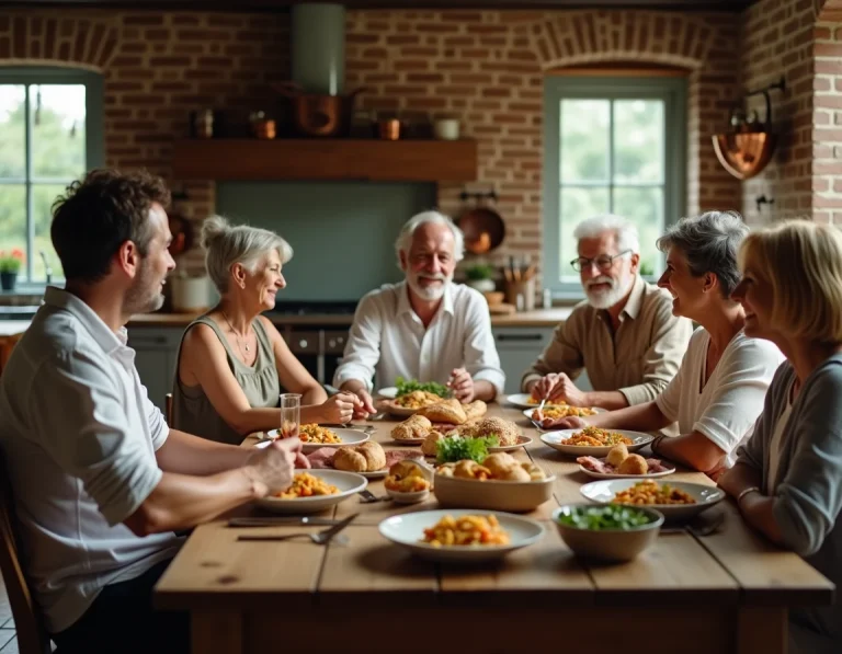 Famille multigénérationnelle réunie autour d'un repas convivial dans une cuisine rustique chaleureuse