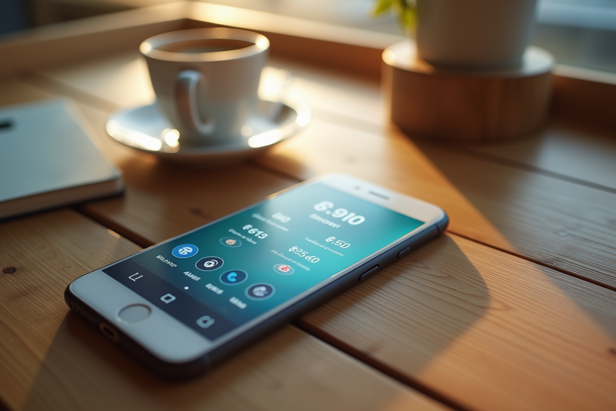 Smartphone affichant notifications de paiement et symboles monétaires