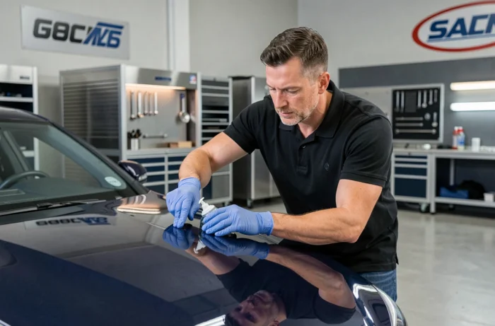 Professionnel de la customisation automobile appliquant un revêtement céramique sur une berline de luxe bleu marine dans un atelier moderne