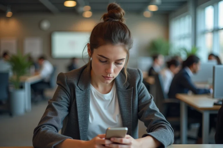 Femme au bureau regardant discrètement son smartphone pour publier une story Instagram anonyme au travail