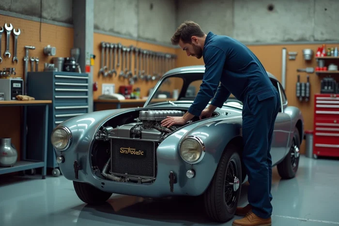Technicien automobile travaillant sur la restauration d'une voiture de sport européenne classique dans un atelier professionnel