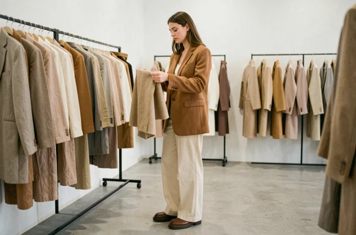 Jeune femme élégante explorant les nouvelles tendances mode dans une boutique parisienne minimaliste