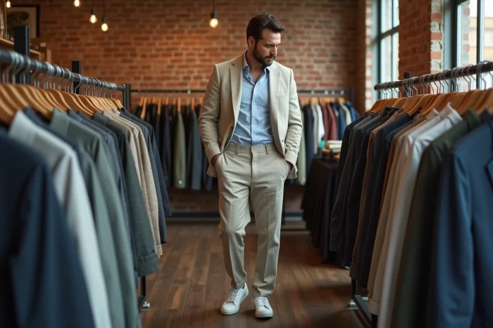 Homme en costume lin décontracté explorant une boutique de mode vintage aux murs en brique