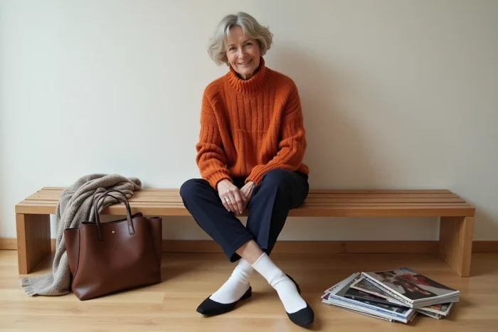 Femme en pull en maille rouille assise sur un banc scandinave entourée d'accessoires de mode tendance saison