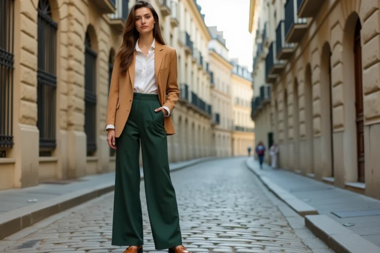 Femme élégante en blazer camel et pantalon large vert portant un style mode automne dans une rue parisienne pavée