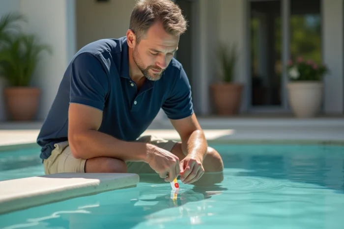 Homme testant la qualité de l'eau d'une piscine avec des bandelettes de test chimique