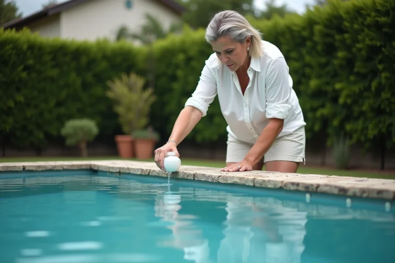 Femme ajoutant un traitement chimique dans une piscine sans filtre dans un jardin suburban