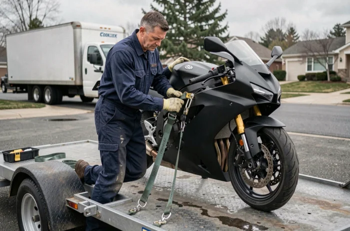 Professionnel du transport de moto fixant une moto sport noire sur un plateau de camion avec des sangles d'arrimage