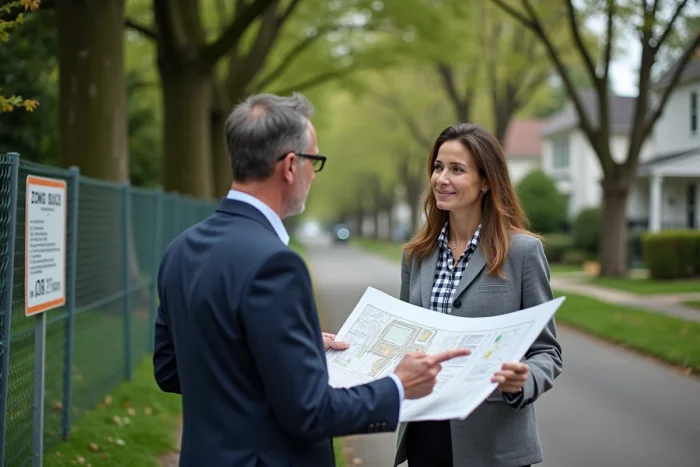 Urbaniste avec plan de site dans quartier résidentiel