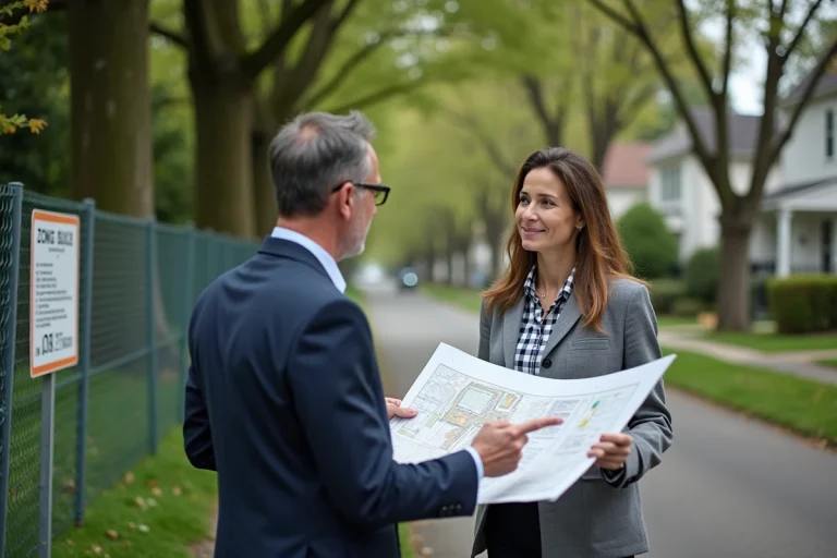 Urbaniste avec plan de site dans quartier résidentiel