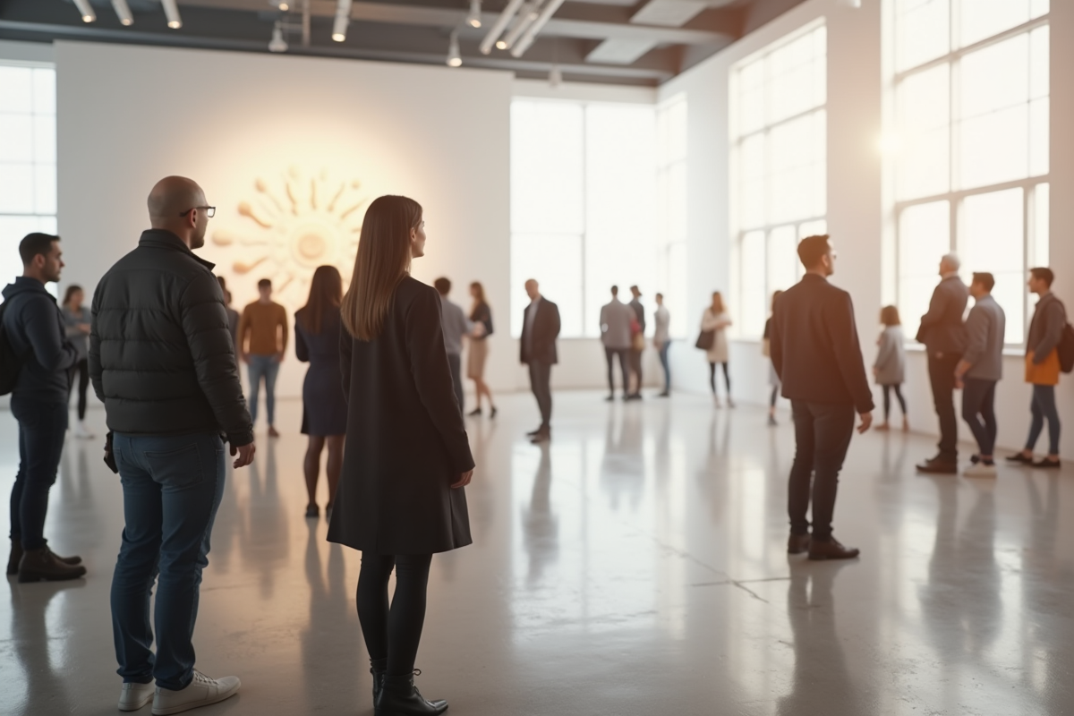 Groupe de personnes découvrant des installations dans une galerie lumineuse