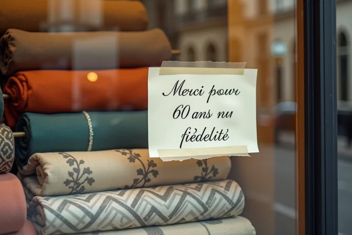 Vitrine du magasin Bouchara avec message d'adieu manuscrit en français et rouleaux de tissus traditionnels reflétant l'histoire du commerce parisien